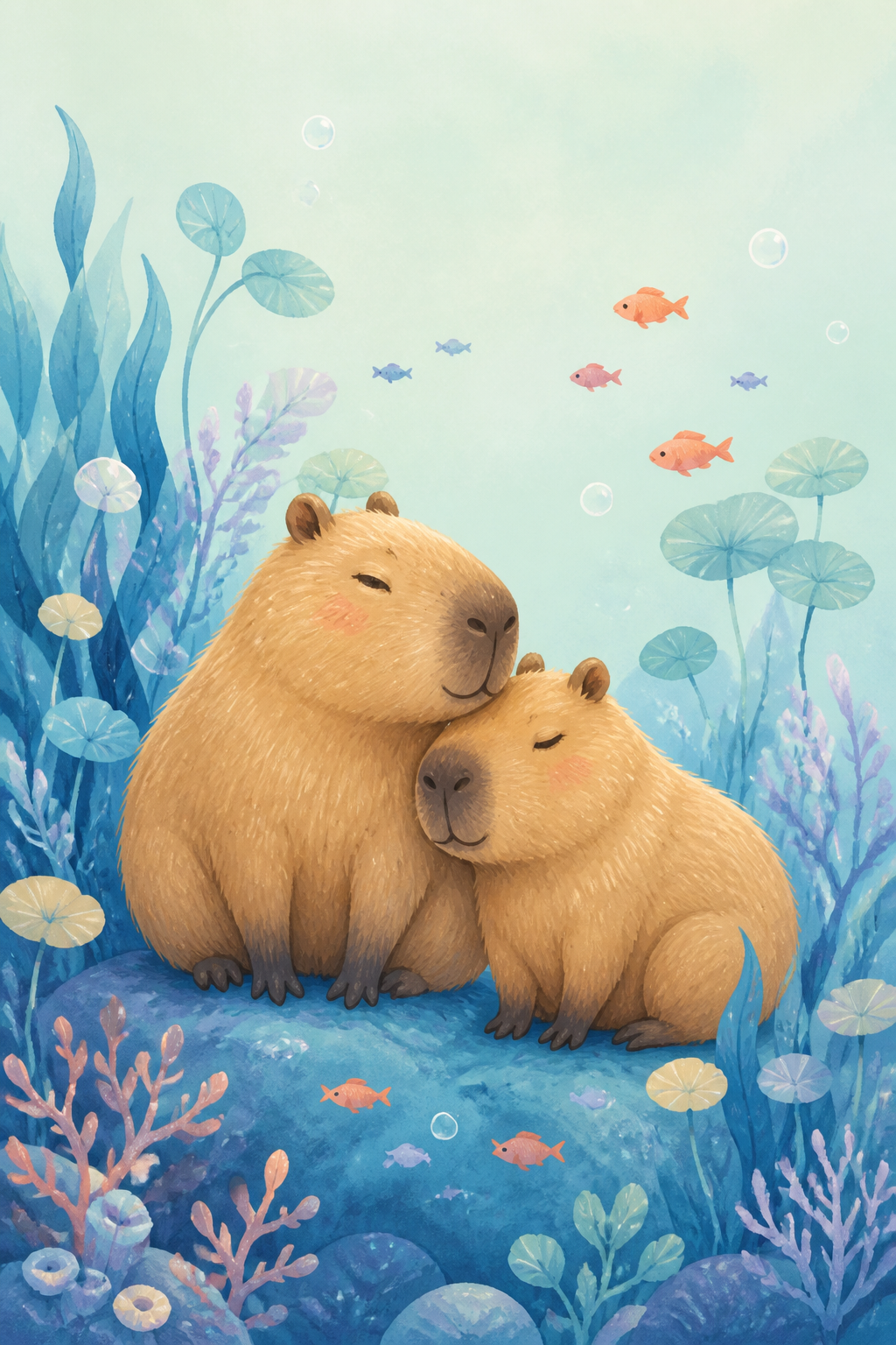 Two capybaras resting together among water plants